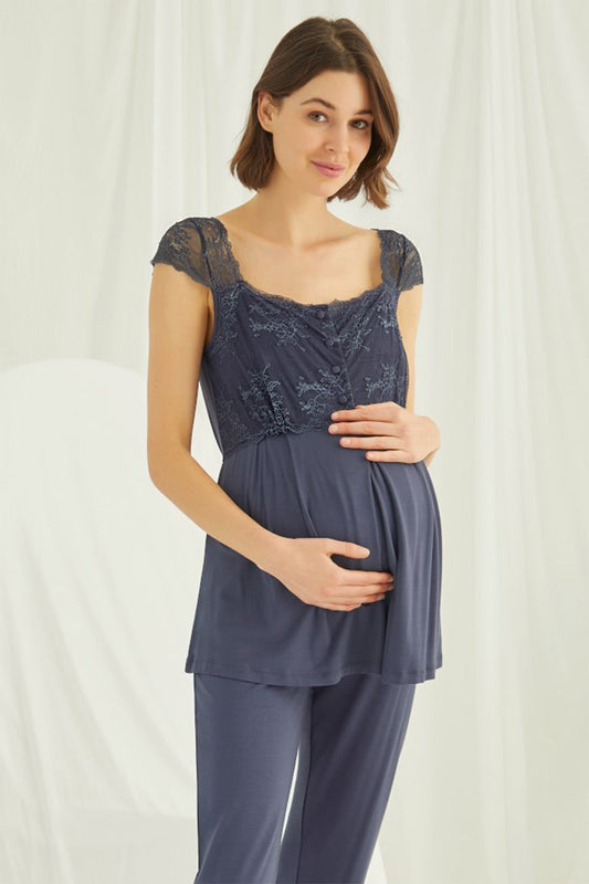 Shopymommy 18305 Lace Maternity & Nursing Pajamas Navy Blue