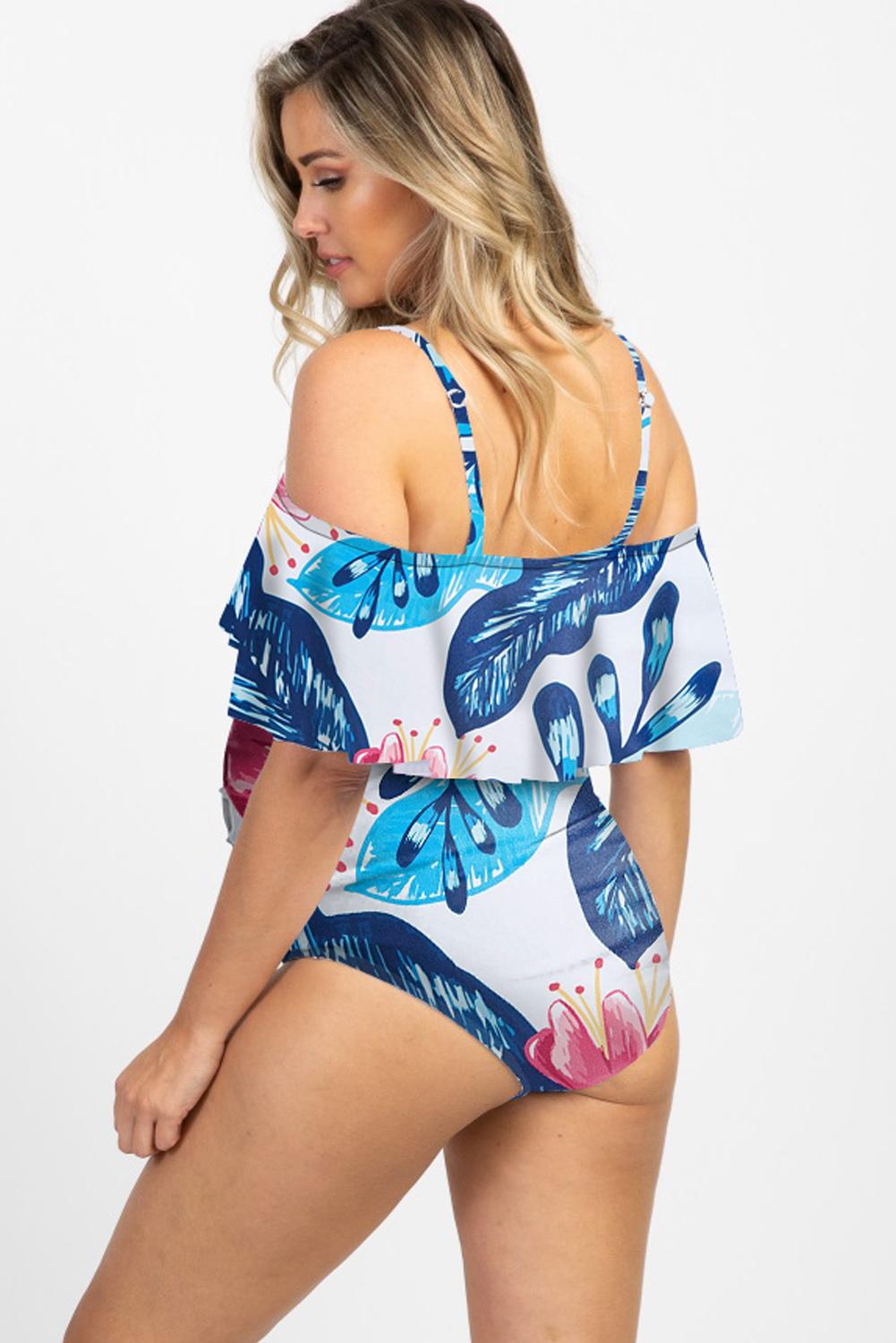 Sky Blue Floral Ruffle Trim Ruched One-Piece Maternity Swimsuit