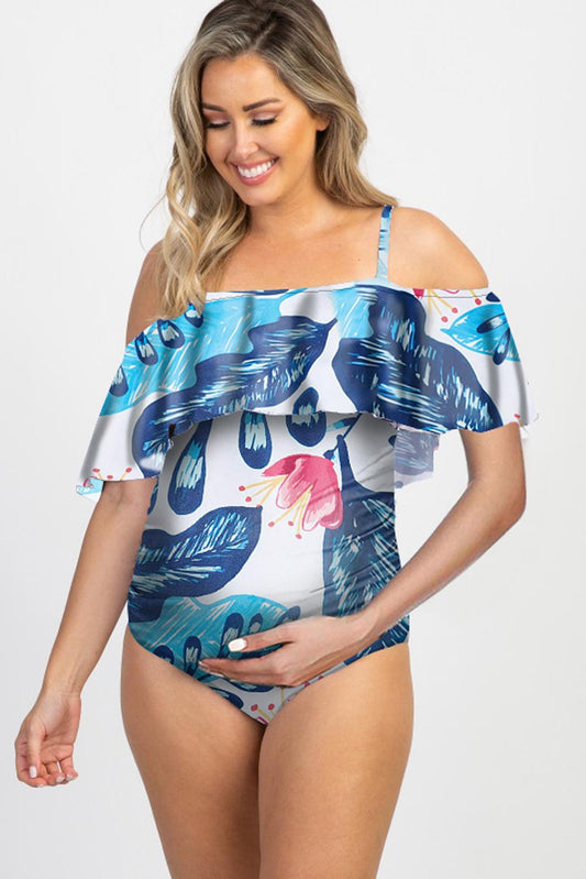 Sky Blue Floral Ruffle Trim Ruched One-Piece Maternity Swimsuit