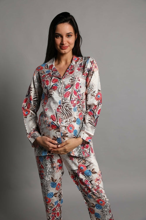 Shopymommy 5248 Jasminlong Front Button Maternity & Nursing Pajamas