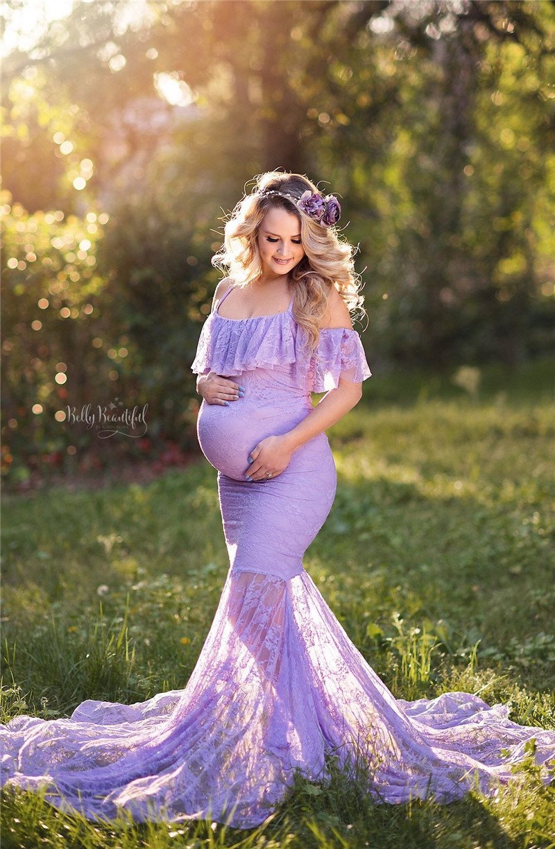 Summer Maternity Photography Props Maxi Gown Pregnant Dress Lace Fancy